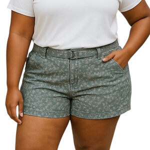 Calvin Klein Floral Belted Chino Shorts Green Grey Size 14 High Rise Flat Front